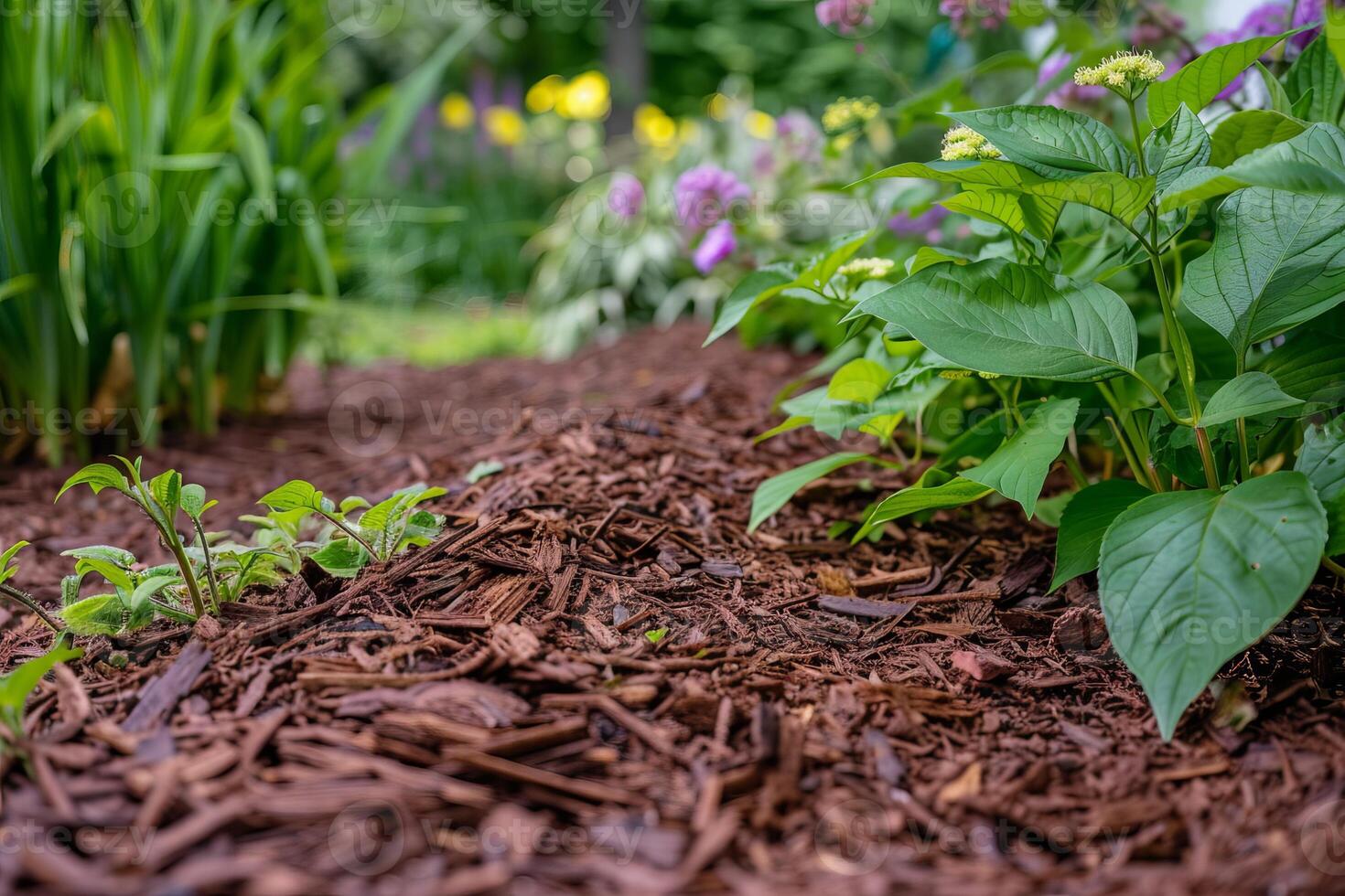 Close-up of Mulched Garden Bed with Green Plants and Flowers in Bloom photo