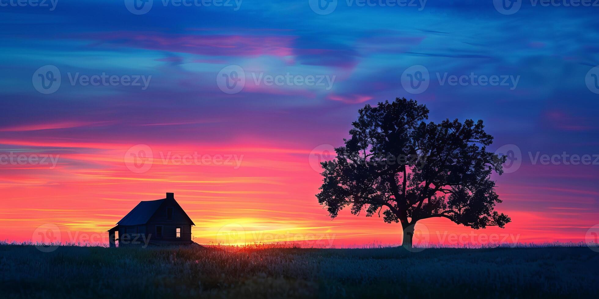 Stunning Sunset Over Countryside with Silhouetted Tree and Rustic Cabin Against Vibrant Sky photo