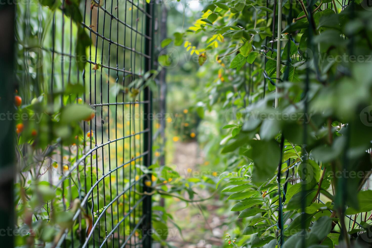 Lush Green Garden Pathway with Metal Fence and Vibrant Foliage photo