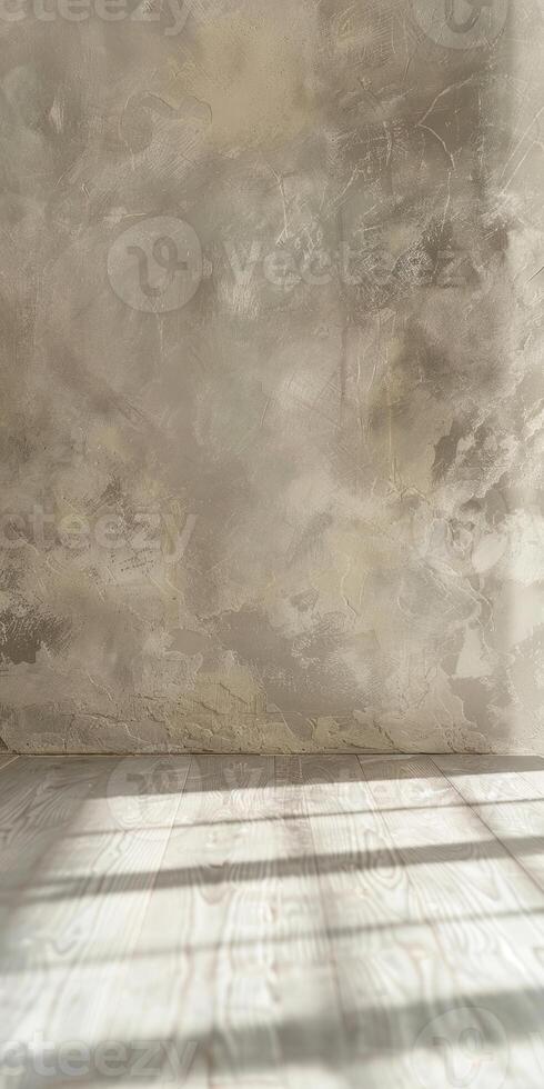 Sunlit Minimalist Interior with Textured Wall and Wooden Floor photo