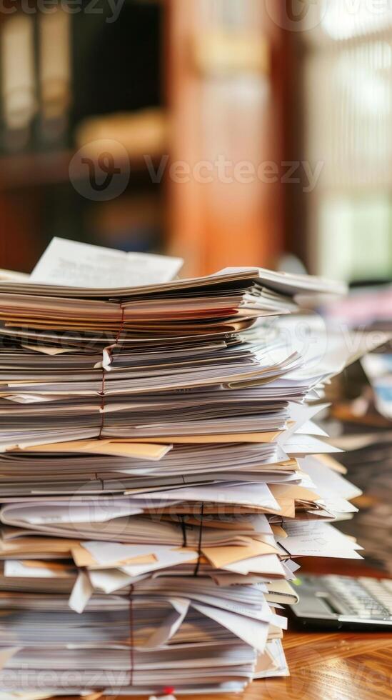 Stack of Documents and Papers on Office Desk with Blurred Background in Warm Lighting photo