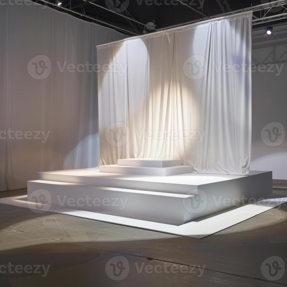 Streamlined display stage layout against a white backdrop photo