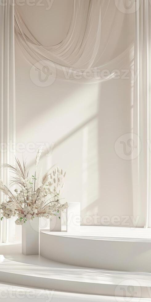 Elegant Minimalist Interior with Soft Drapes and Floral Arrangement photo