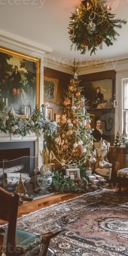 Elegant Victorian Living Room Decorated for Christmas with Ornate Tree and Vintage Art photo
