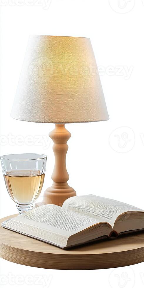 Cozy Reading Nook with Open Book, Glass of Wine, and Warm Lamp Light on Wooden Table photo