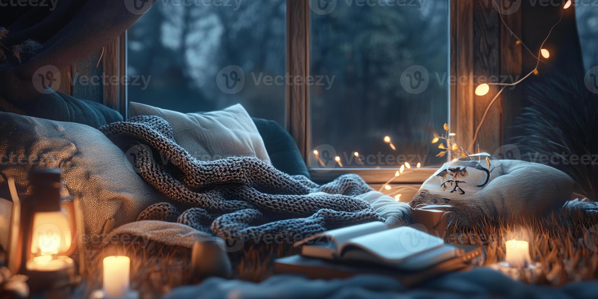 Cozy Reading Nook with Warm Blankets and Soft Lighting by a Window Overlooking a Serene Forest photo