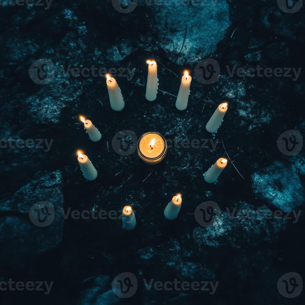 Mysterious Candlelit Circle in Dark Forest Setting with Eerie Atmosphere and Glowing Light photo
