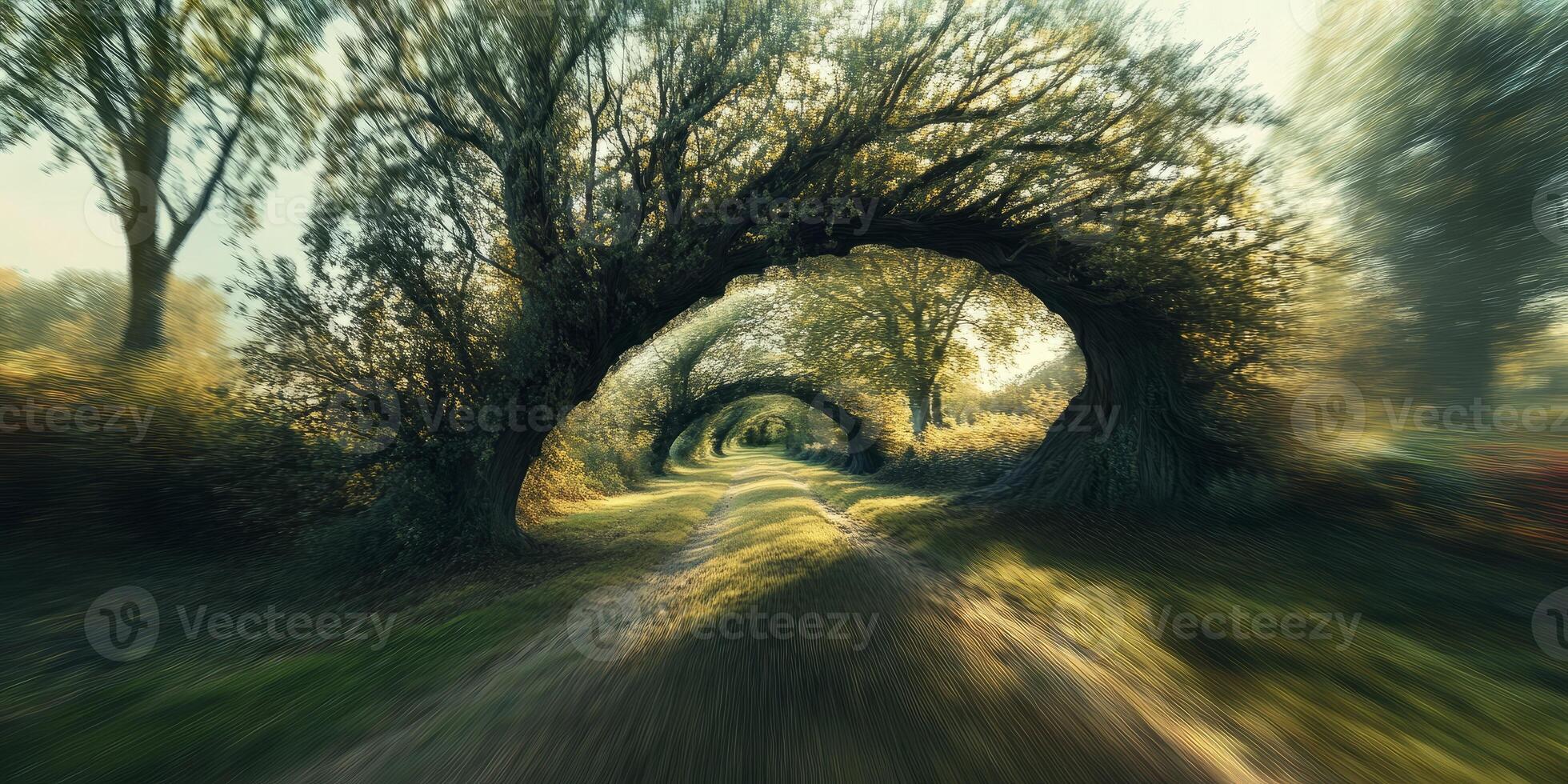 Enchanting Forest Pathway with Natural Tree Archway in Sunlit Woodland photo