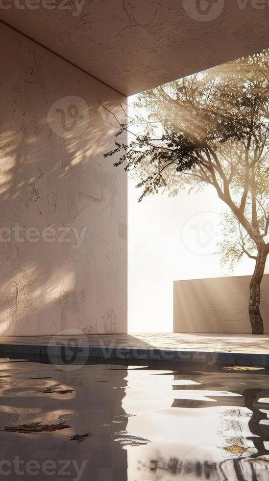 Tranquil Modern Patio with Sunlit Tree and Reflective Pool in Minimalist Architectural Design photo