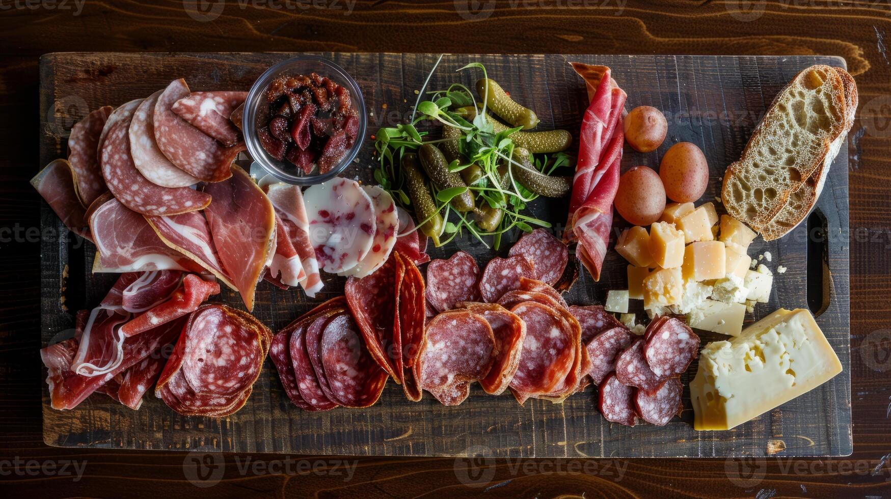 Overhead shot of a charcuterie board with cured meats and artisanal cheeses photo