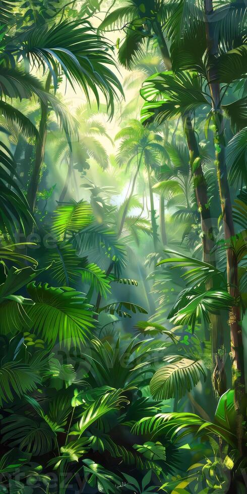 Rainforest scenery with lush, green vegetation. photo