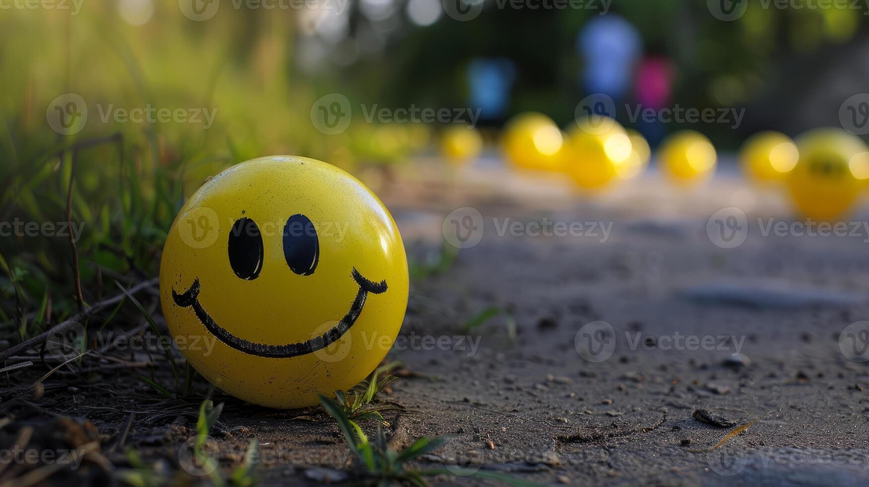 Cheerful Yellow Smiley Face Ball on a Pathway Surrounded by Nature and Sunshine photo