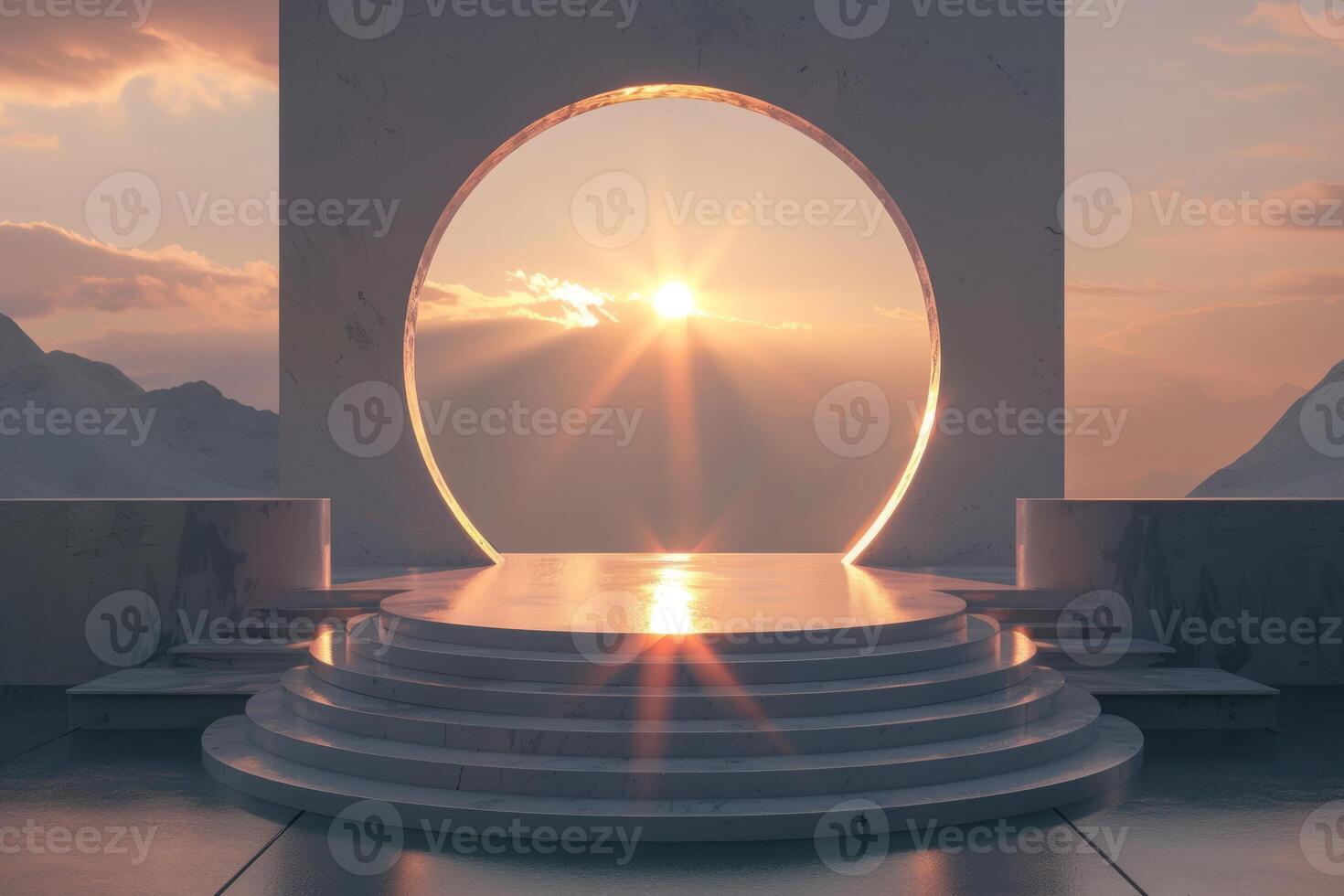 Stunning Sunset Through Circular Portal with Mountain View photo