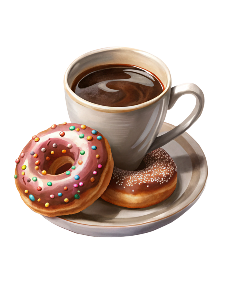 Coffee Cup Surrounded by Sugary Donuts png