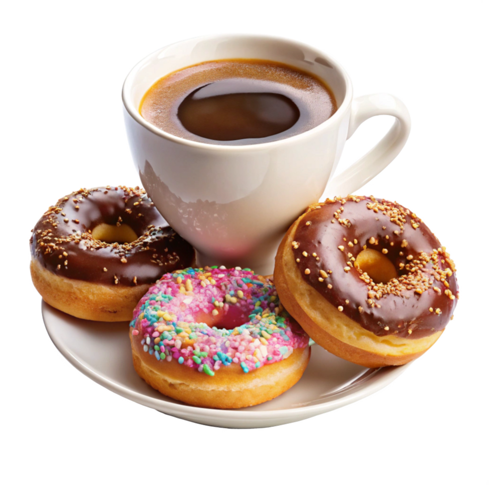 Coffee and Donuts on a Wooden Table png