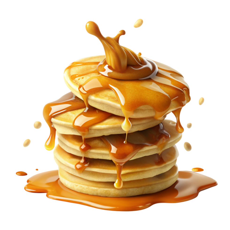 Pancakes Drizzled with a Splash of Caramel Syrup png