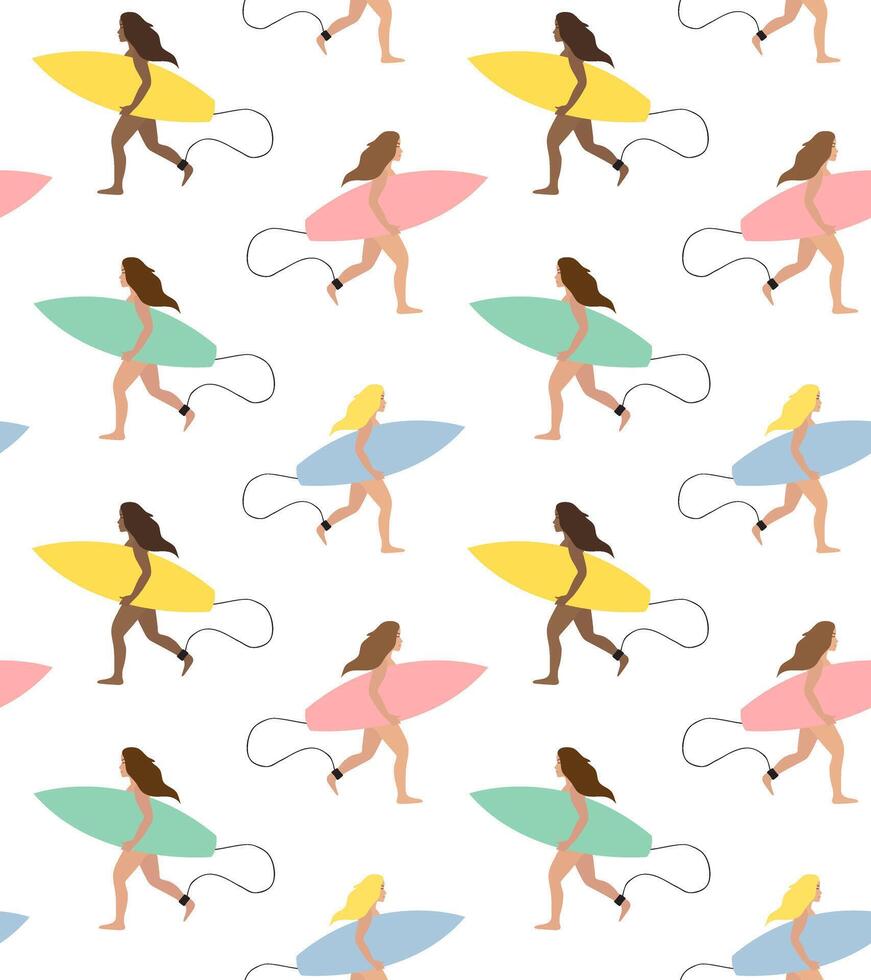 Seamless pattern of woman running with surf vector