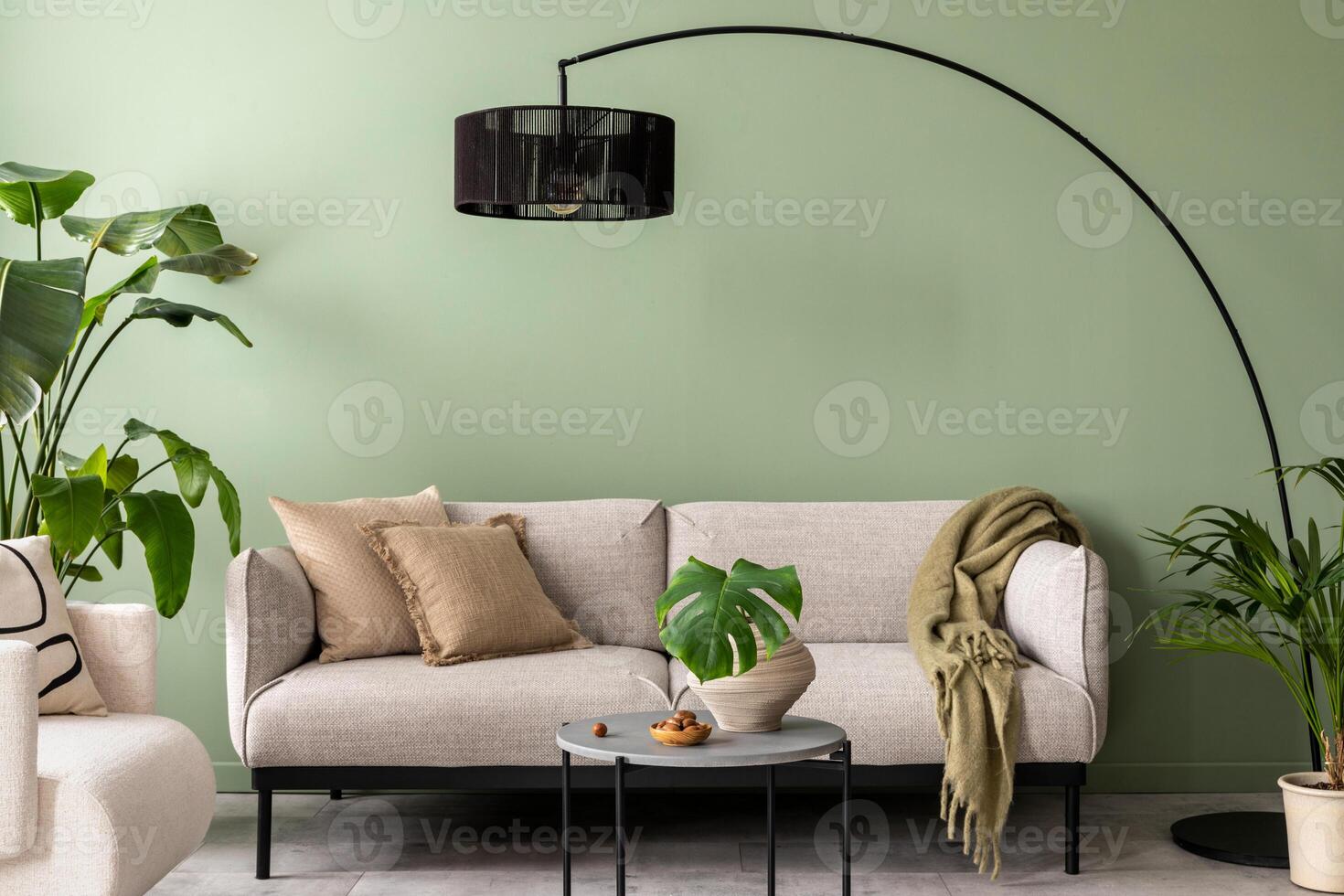 The stylish composition at living room interior with green wall, design gray sofa, coffee table, dark lamp and elegant personal accessories. Beige pillow and plaid. Cozy apartment. Template. photo