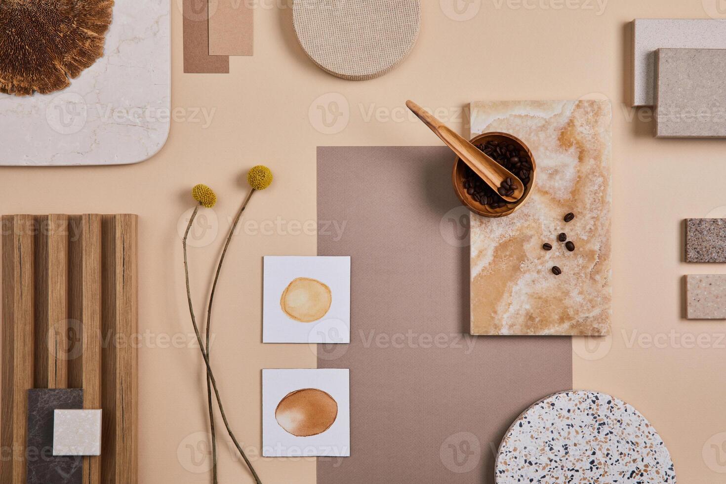 Flat lay of stylish architect moodboard composition with beige samples of textile, paint, wooden lamella panels and tiles. Top view. Copy space. Template. photo