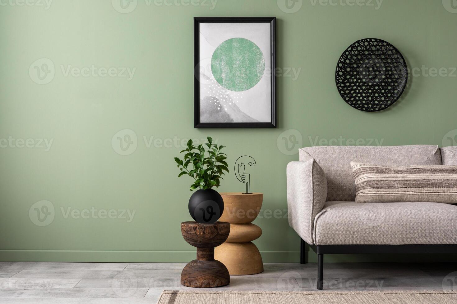 The stylish composition at living room interior with mock up and copy space, design gray sofa, coffee table and elegant personal accessories. Template. photo