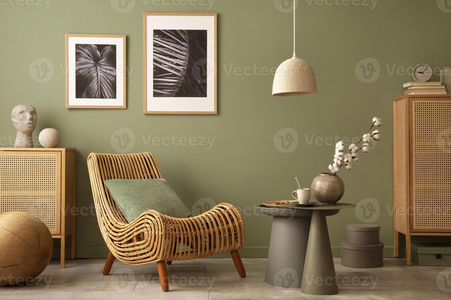Stylish living room interior design with armchair, modern commode, mock up frames and creative home accessories. Template. Copy space. photo