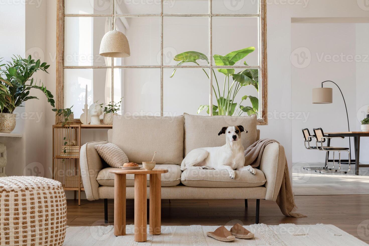 Elegant living room interior design with beautiful dog lying on the beige modern sofa, side table and home decorations. Template. Copy space. Dining room in the background. photo