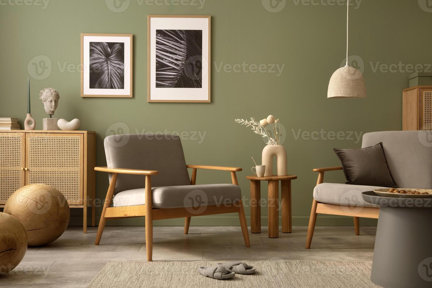 Stylish living room interior design with armchair, modern commode, mock up frames and creative home accessories. Template. Copy space. photo