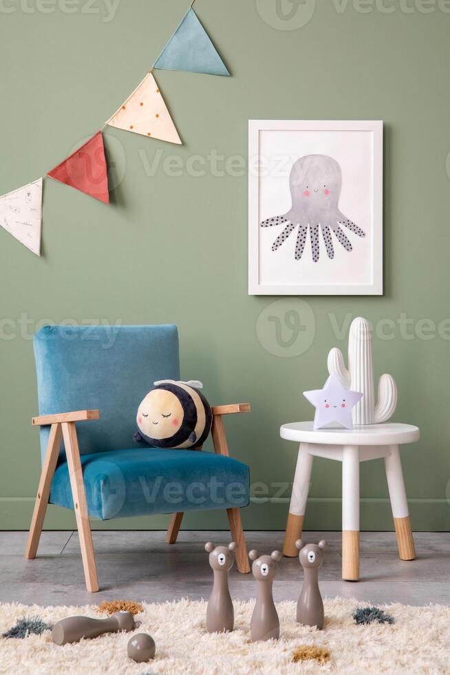 Creative composition of stylish and cozy child room interior design with green wall, plush toys, bright carpet, blue armchair, stool and white accessories. Grey panels floor. Template. Mock up. photo
