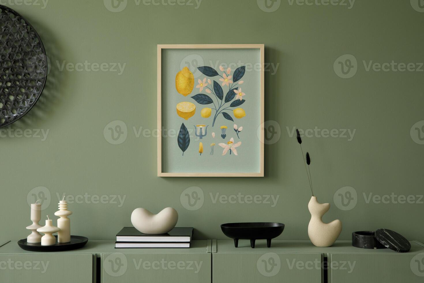 Stylish composition of modern living room interior. Mock up poster frame, wooden eucalyptus commode and creative personal accessories. Eucalyptus green wall. Home staging. Template. Copy space. photo