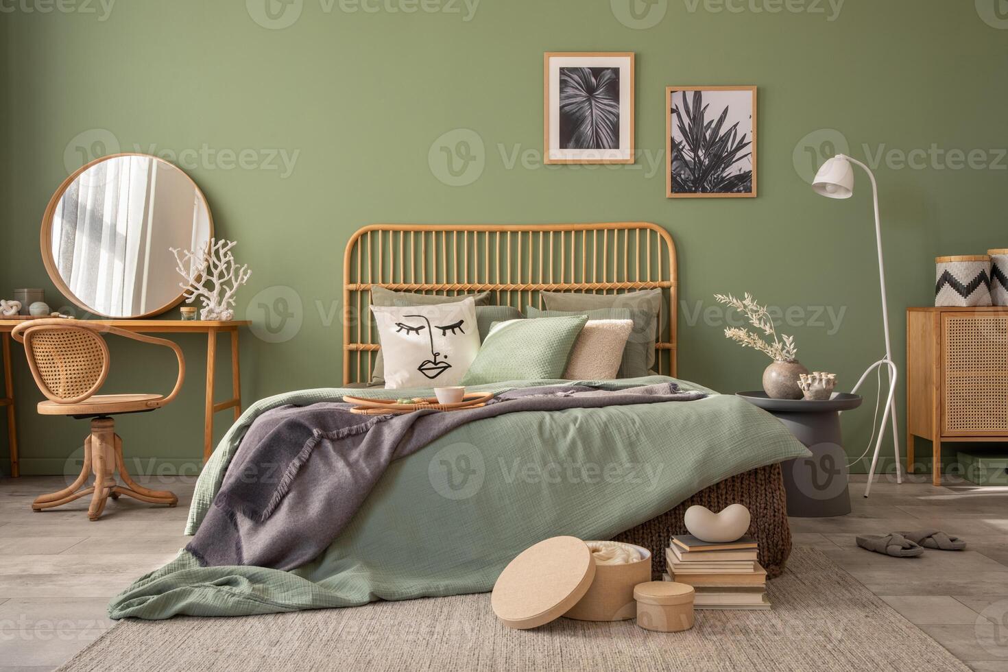 Stylish bedroom interior design with mock up poster frames, bed, side table, rattan commode, vanity table and creative home accessories. Sage green wall. Template. Copy space. photo