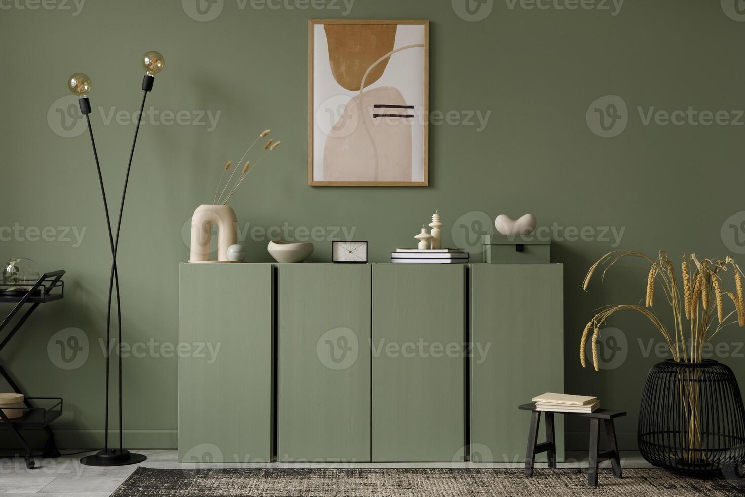 Modern living room interior composition with mockup poster frame, sage green wooden commode and modern home accessories. Eucalyptus wall. Home staging. Template. Copy space. photo