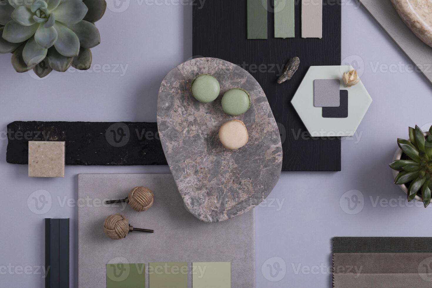 Creative architect and interior designer moodboard. Flat lay composition in grey and green color palette with textile and paint samples, panels and tiles. Top view. Copy space. Template. photo