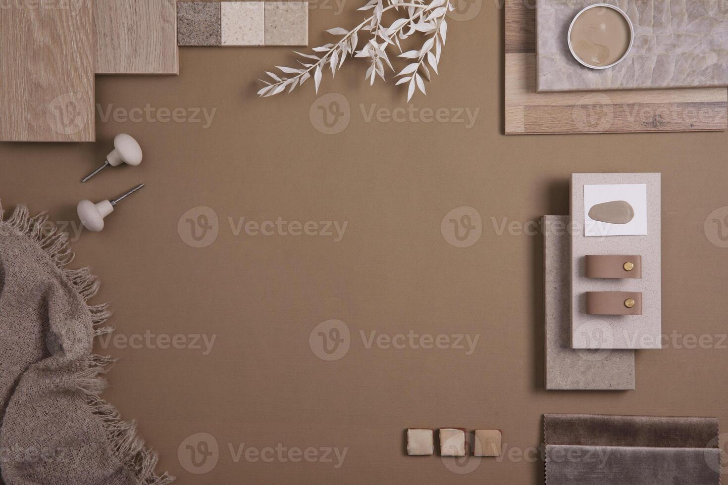 Flat lay of creative architect moodboard composition with samples of textile, paint, panels and tiles. Natural materials. Beige and brown color palette. Top view. Copy space. Template. photo