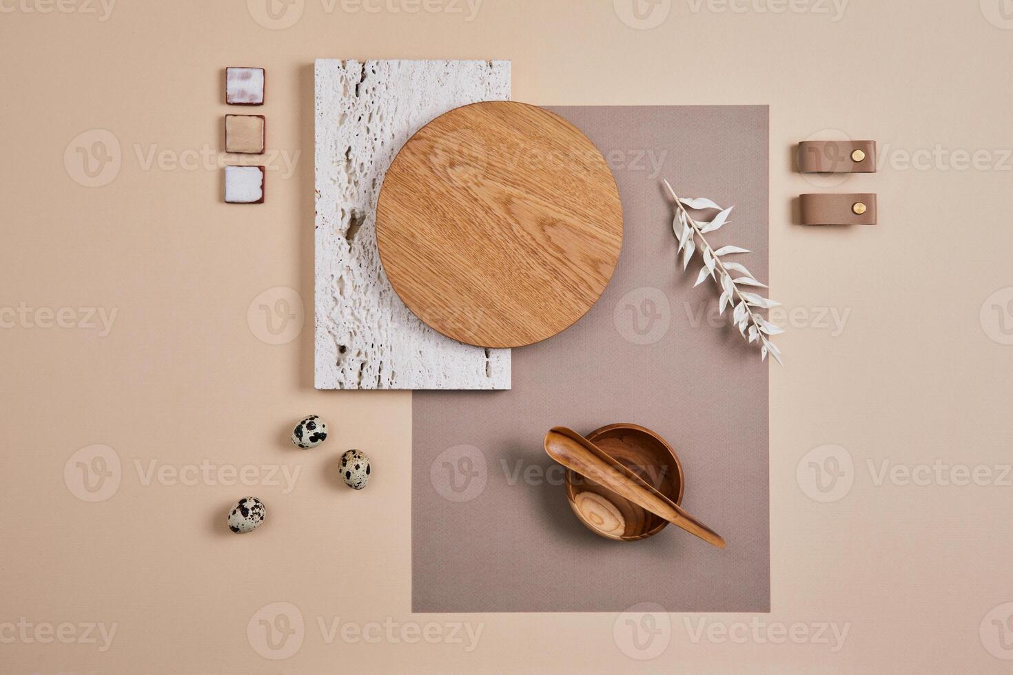 Creative flat lay composition with textile and paint samples, panels and cement tiles. Stylish interior designer moodboard. Light beige color palette. Copy space. Template. photo