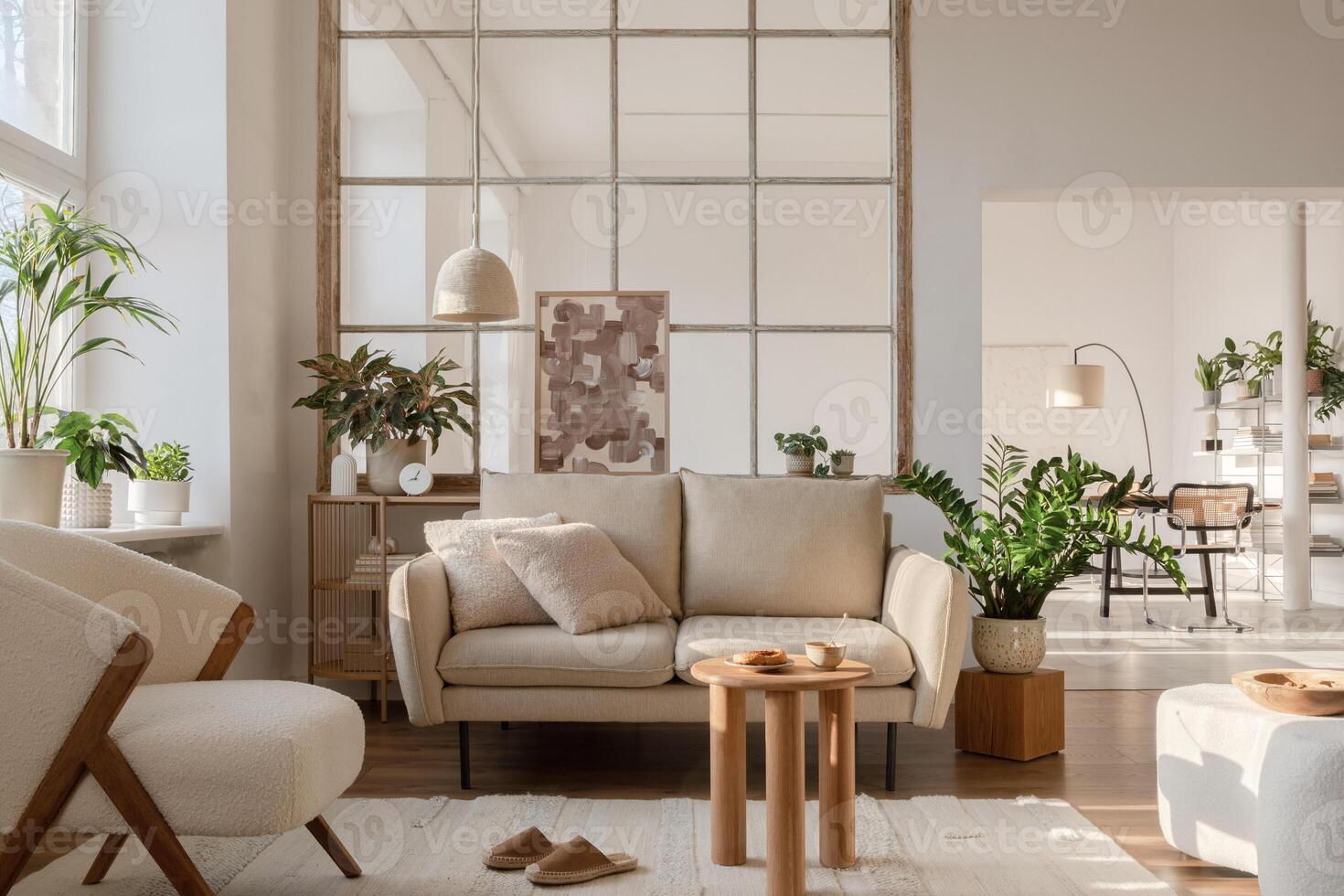 Stylish compositon of modern living room interior with frotte armchair, sofa, plants, painting, wooden commode, side table and elegant home accessories. Template. Copy space. photo