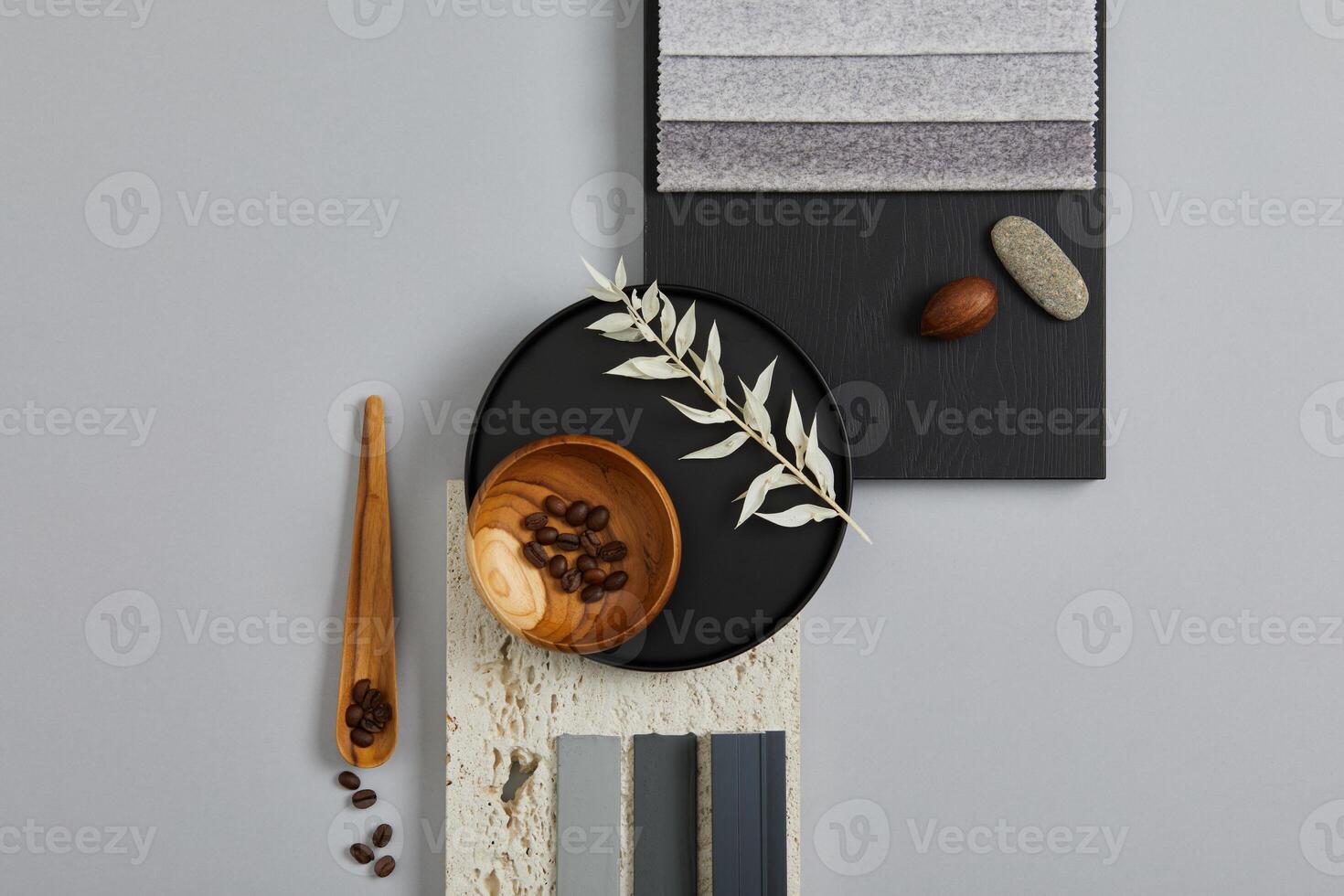 Perfect architect moodboard. Flat lay composition in light grey, black and brown color palette with textile and paint samples, wooden panels and tiles. Top view. Copy space. Template. photo