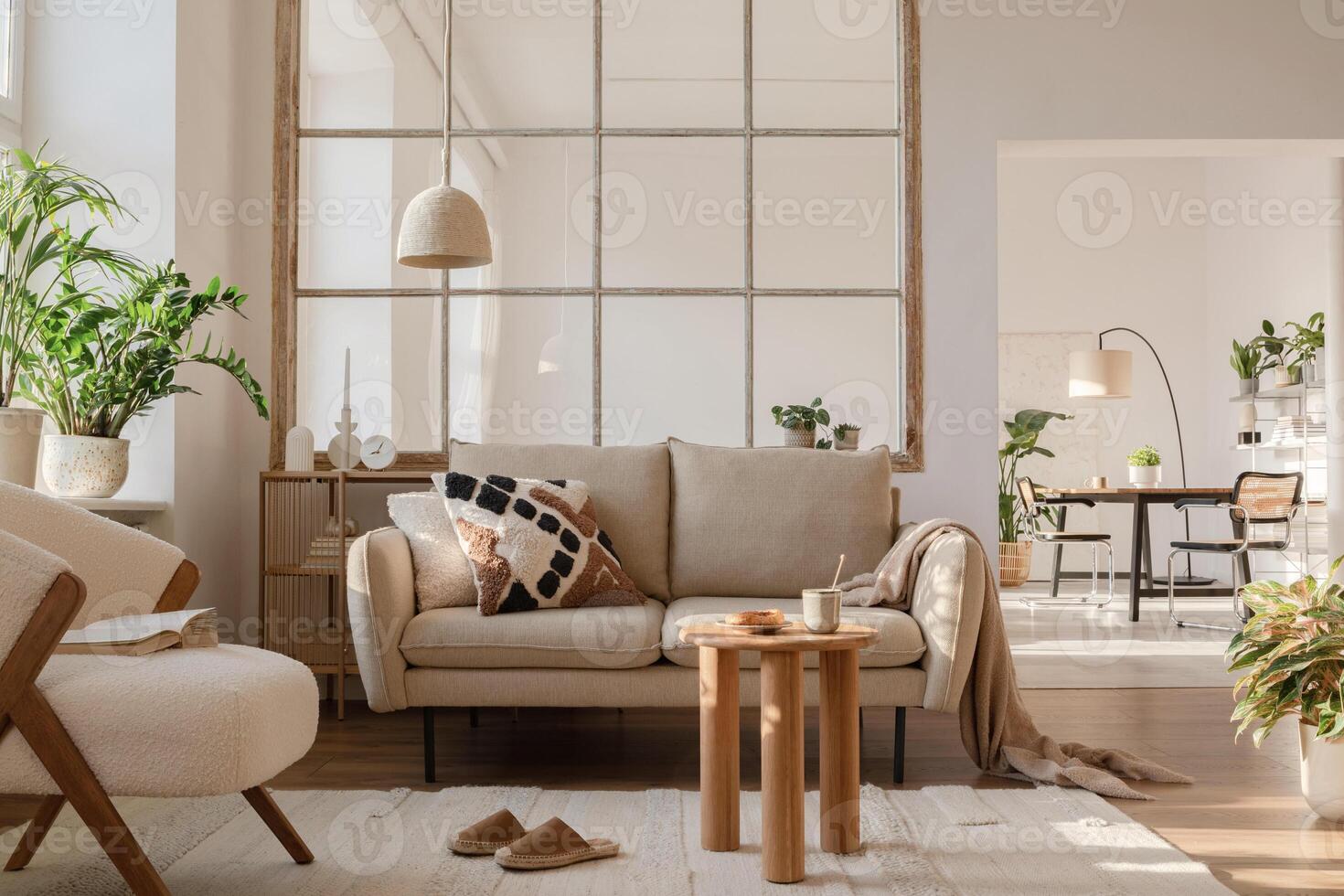 Elegant living room interior design with beige modern sofa, side table and creative accessories. Template. Copy space. Dining room in the background. photo