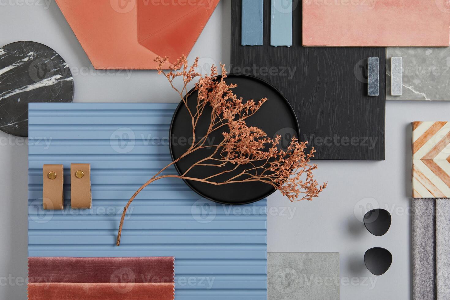 Creative flat lay composition of interior designer moodboard with textile and paint samples, blue lamella panels and tiles. Pink, black, blue and light grey color palette. Copy space. Template. photo