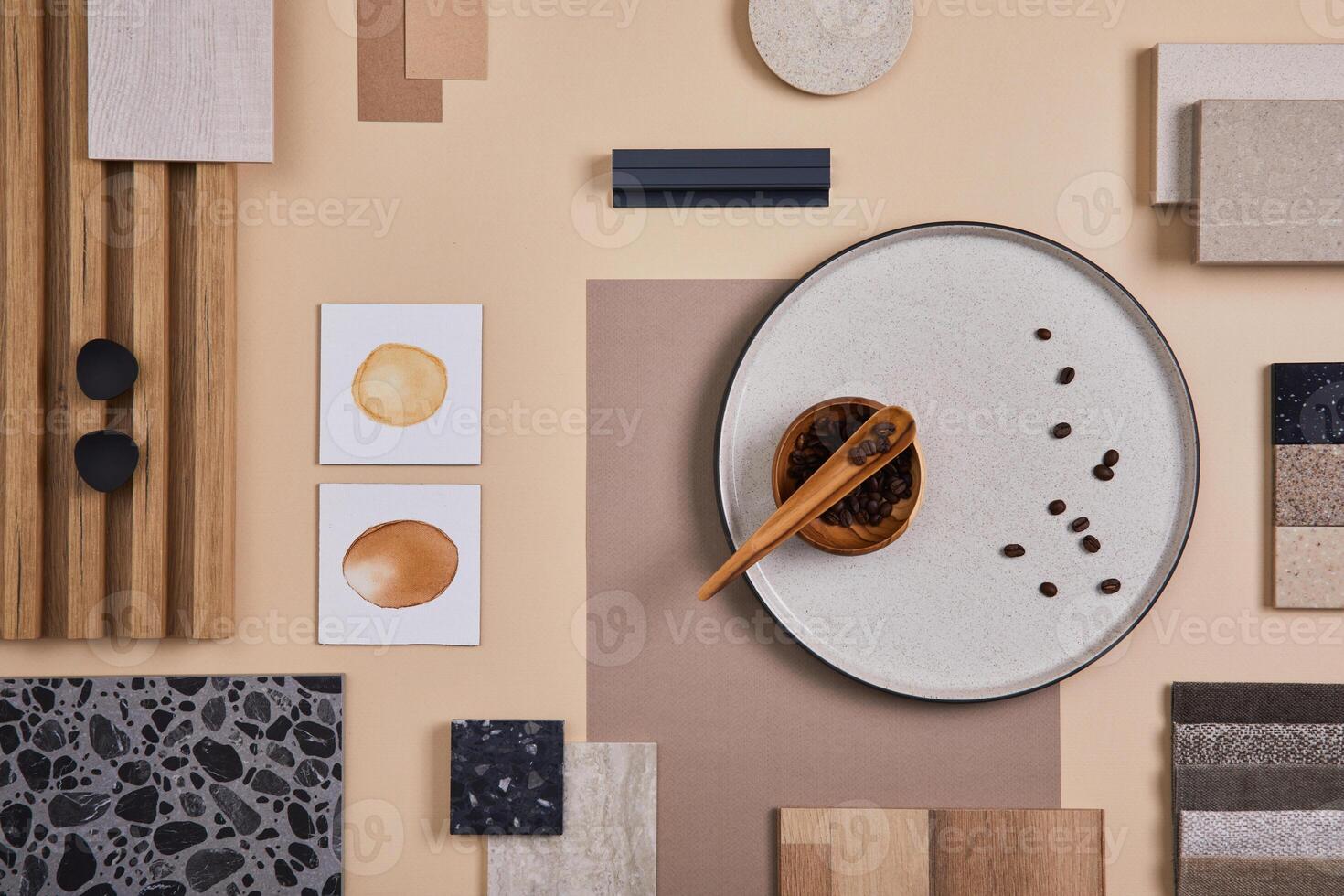 Flat lay of stylish architect moodboard composition with beige samples of textile, paint, wooden lamella panels and tiles. Top view. Copy space. Template. photo