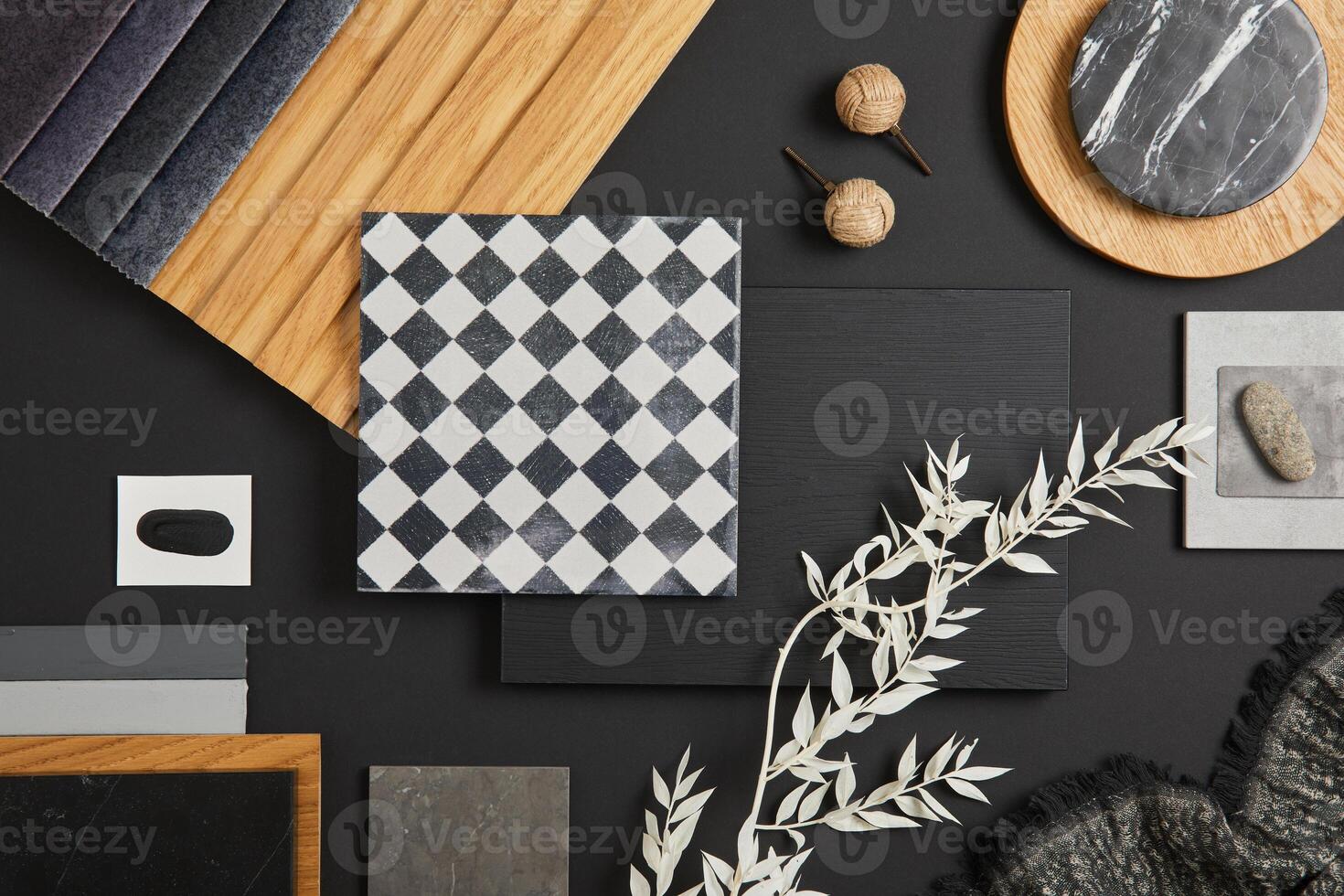 Stylish flat lay comosition of creative architect moodboard with black, white, beige and grey samples of textile, paint, wooden lamella panels and marble tiles. Top view. Copy space. Template. photo