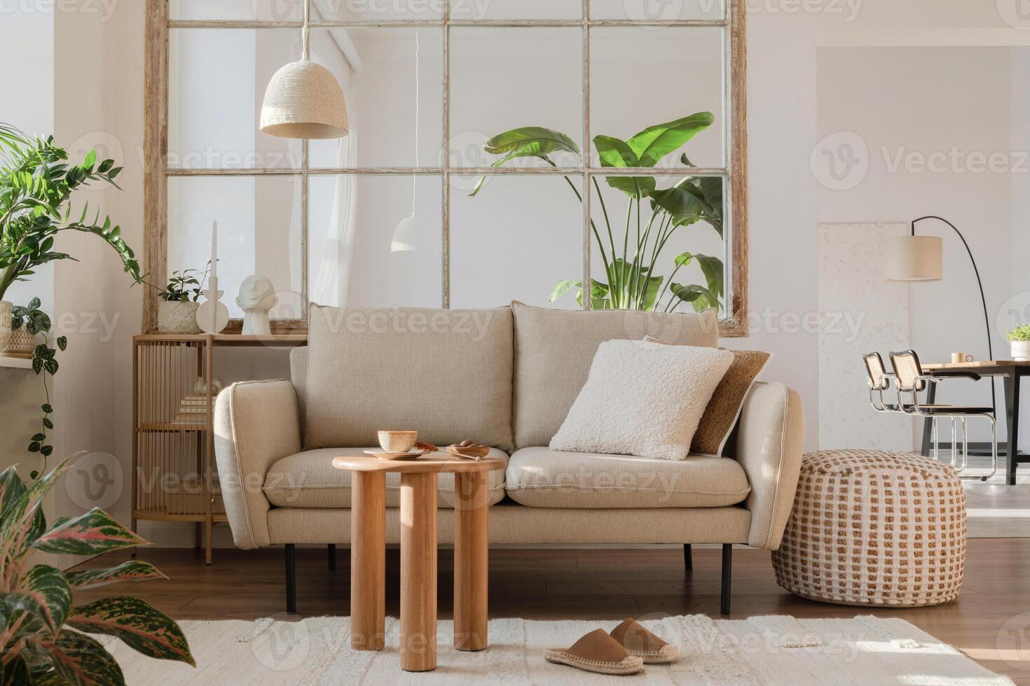 Elegant living room interior design with beige modern sofa, side table and creative accessories. Template. Copy space. Dining room in the background. photo