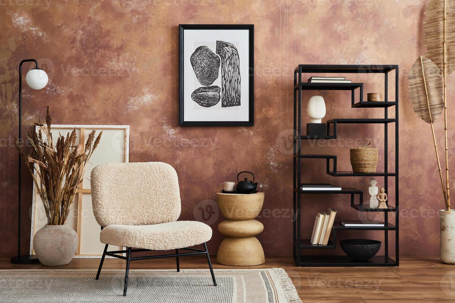 Modern living room interior design with mock up poster frame, frotte armchair, black metal shelf, side table, dry plants and creative home accessories. Creative wallpaper. Template. Copy space. photo