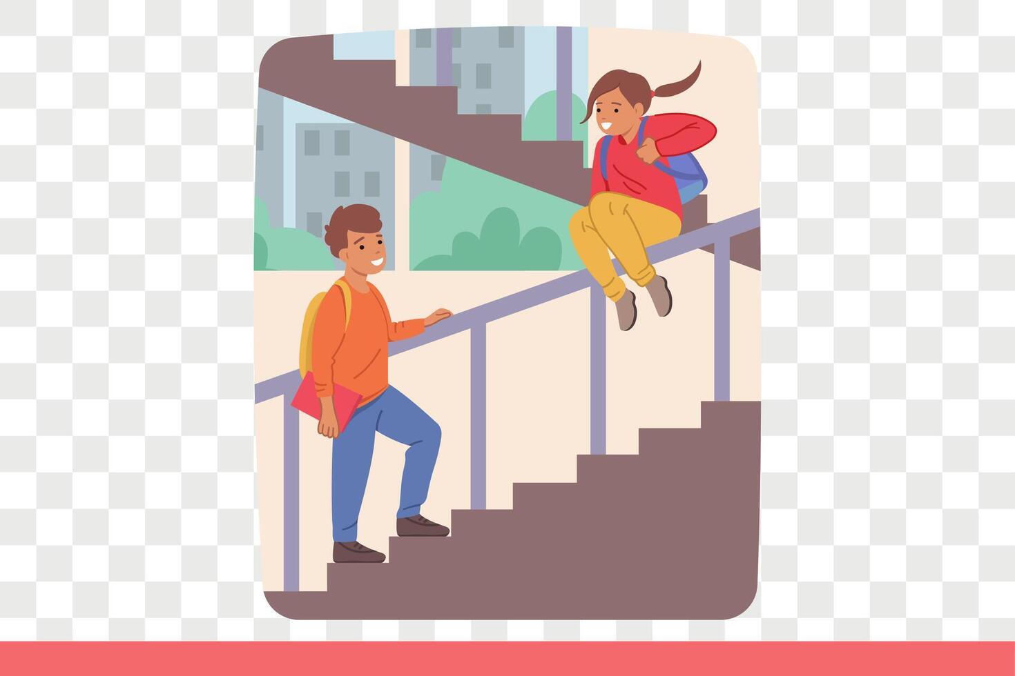 Happy children play on school stairs and ride on railings, enjoying carefree childhood vector