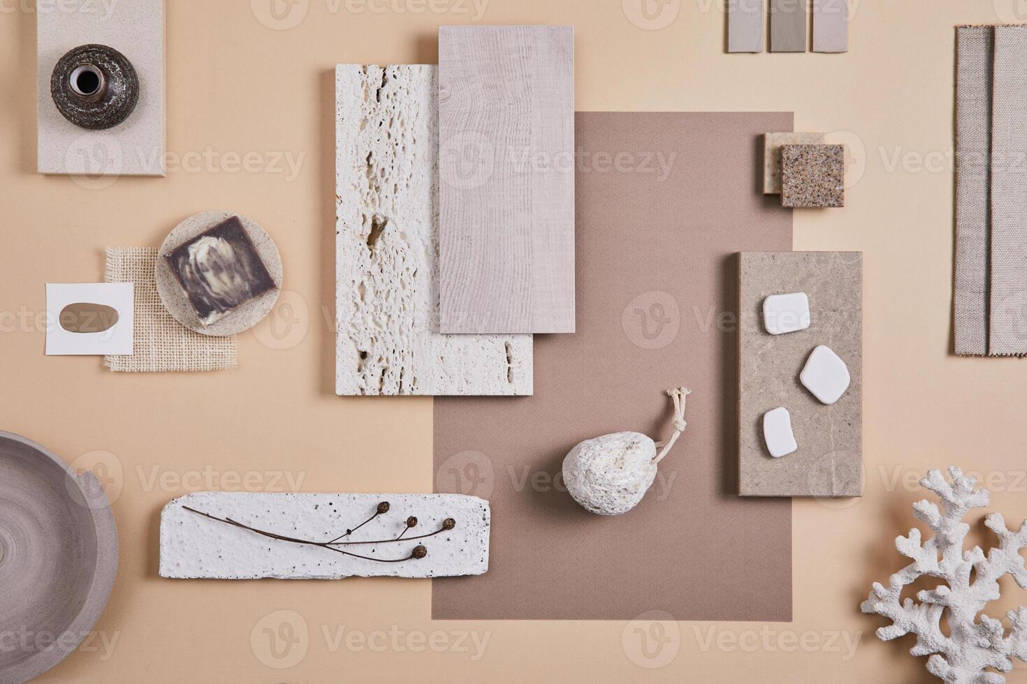Creative interior designer moodboard. Flat lay composition with textile and paint samples, panels and cement tiles. Beige and grey color palette. Copy space. Template. photo