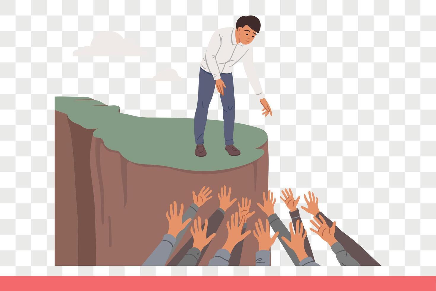 Business man saves colleagues in need of support during crisis, stands on rock near hands raised up vector
