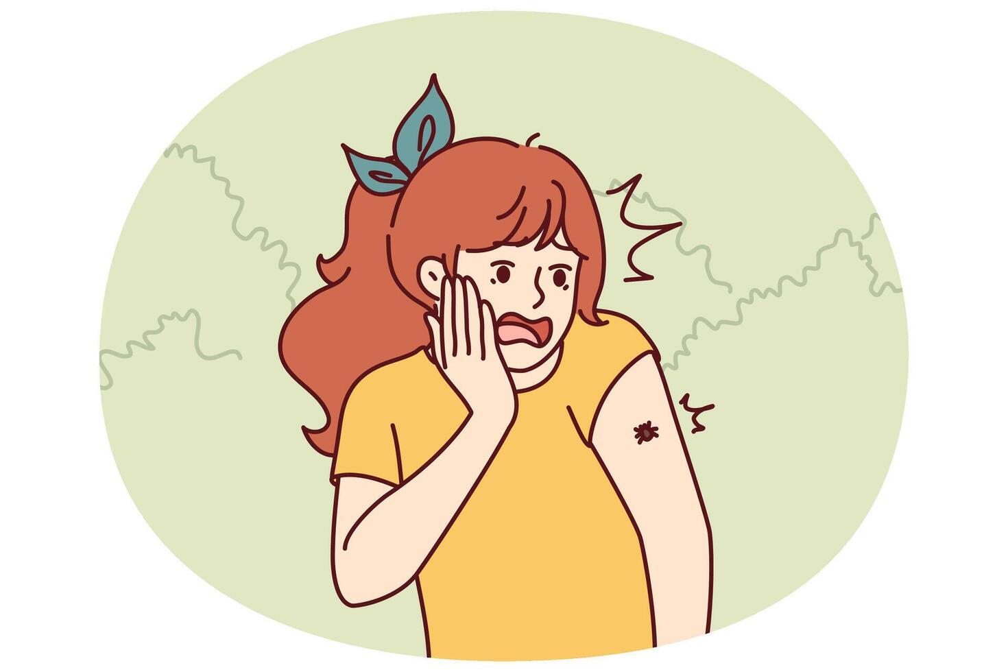 Frightened teenage girl with tick crawling on arm screams for fear contracting infection vector