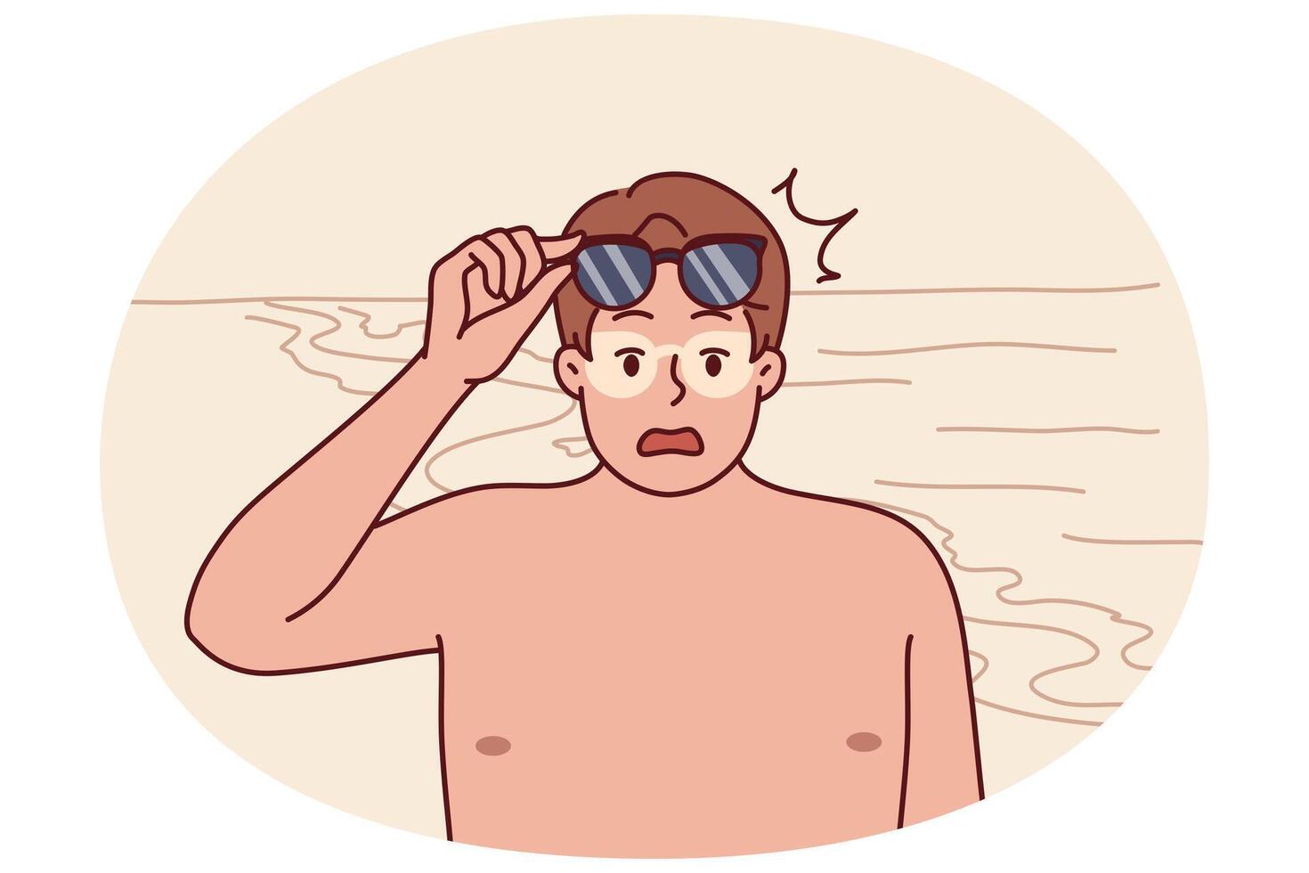 Tanned man takes off sunglasses and screams after getting sunburn relaxing on beach vector