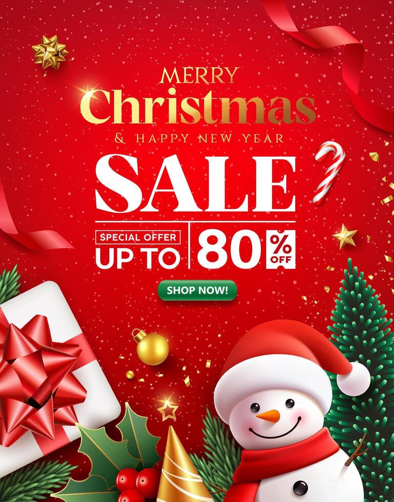 Merry christmas and Happy new year sale, snowman and ornaments poster flyer design on red background vector