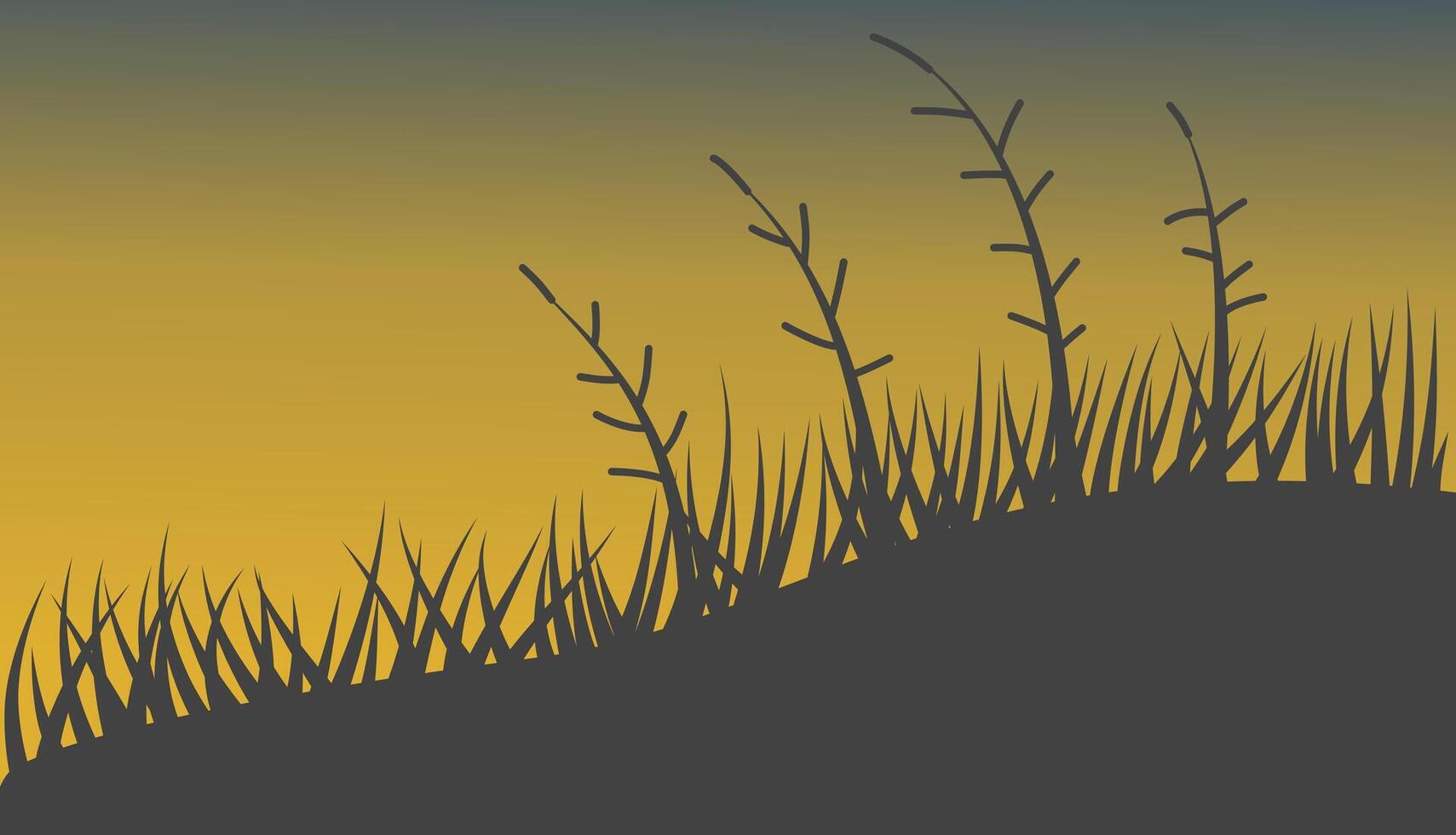 silhouette background illustration of grass and wild plants with sky at sunset, nature background concept vector