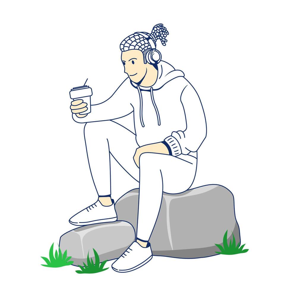 cartoon illustration of a man with dreadlocks and wearing a headset holding a cup of coffee sitting on a rock vector
